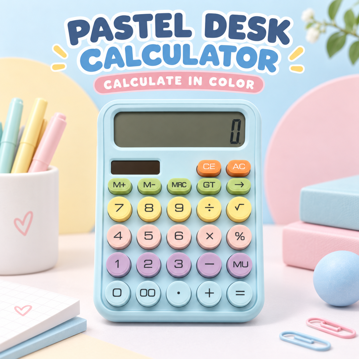 Pastel Desk Calculator with 12-Digit Display
