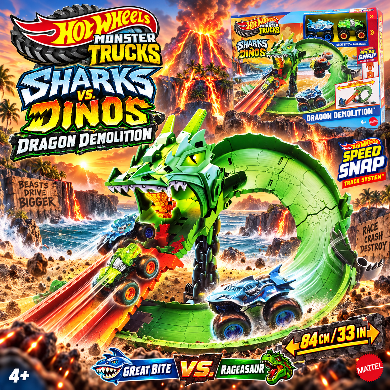 Hot Wheels Monster Trucks Sharks vs Dinos Dragon Demolition