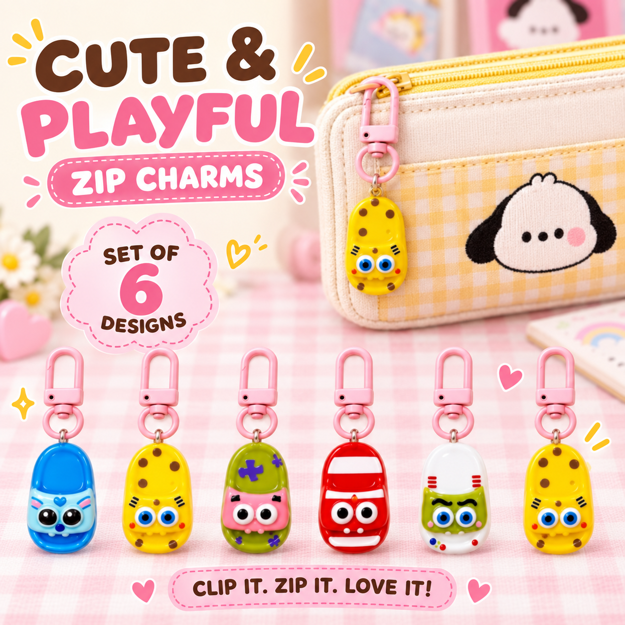 Cute and Playful Zip Charms, Set of 6