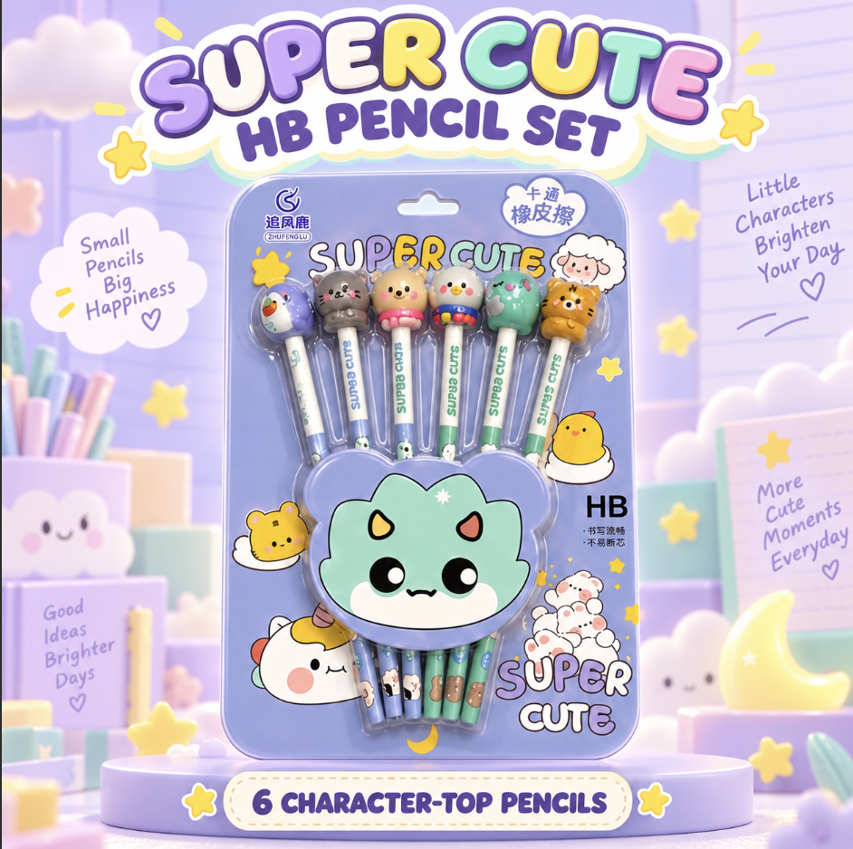 Super Cute Character Pen Set, 6 Pens
